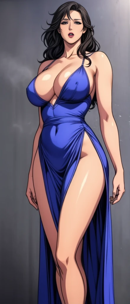 girl，alone，Gray background，Artistic lighting，Beautiful Asian Goddess，Long black hair，Long Hair,Wavy Hair,eyelash, blue eyes, lipstick, wearing a short evening dress,Standing with legs apart,He is playing with his crotch with his right hand.,Massage the breasts, Tied up woman,Sensual,(Hair blowing in the wind),Graceful features，No sleeve，Mature Woman, Mature Woman,Detailed fingers, Perfect hands, Length 180cm,Small face,sweating,Soft thighs,Sexy legs,Sexy ass, Cleavage,Open the chest,Smooth thighs and legs，((Amazing orgasm)),大きなSexy ass, Perfect Body Proportions, Slim waist,Nipples visible,The areola is protruding,Tight waist,(Long legs:1.4),F cup bust,Thighs open,Huge :1.3，perspective:1.2，Looking at the audience，Character-centric，symmetry diagram，whole body:1.5，From below:1.3，Abdominal shot