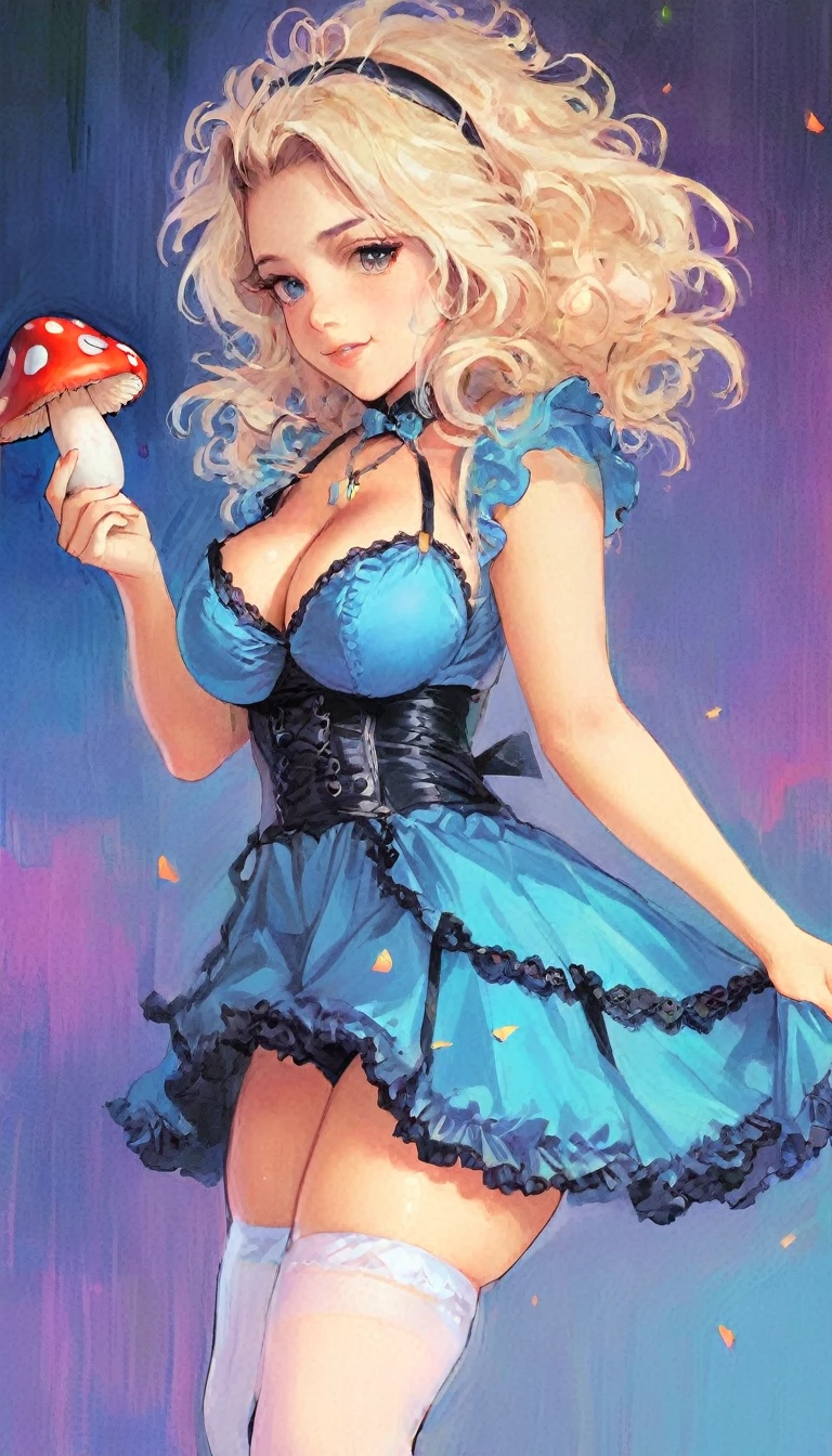 a beautiful 20 year old blonde woman with big messy hair in a blue dress, white stockings, black headband, cleavage, holding a glowing mushroom, fantasy art style, rossdraws cartoon vibrant, alice in wonderland cyberpunk, cute detailed digital art, colorfull digital fantasy art, digital fantasy art ), glossy digital painting, rossdraws pastel vibrant, rossdraws 2. 5, rossdraws 1. 0