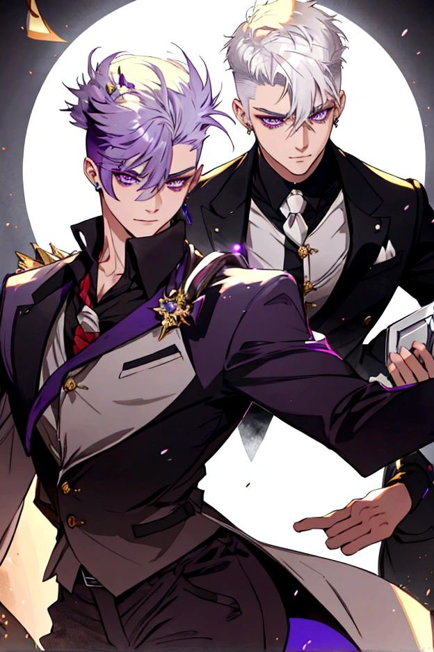 semi-short white hair shaved on the sides, purple eyes