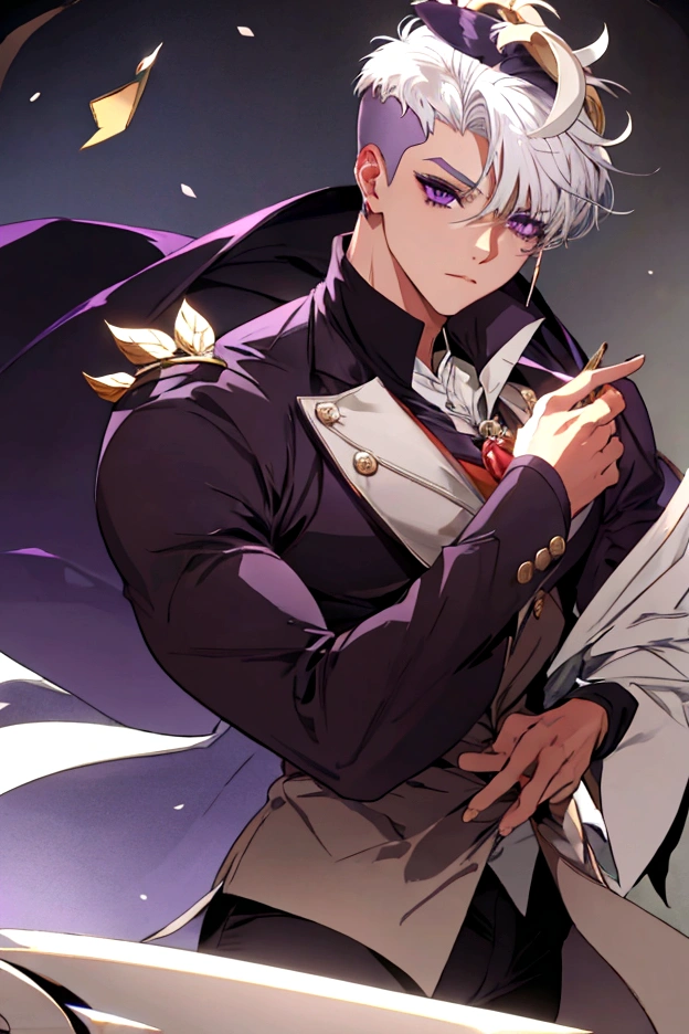 semi-short white hair shaved on the sides, purple eyes