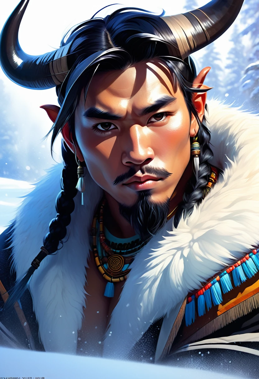 Half man half asian black bull, tribal, Frozen Empire, caramel stylised hair style, realistic shaded lighting poster by ilya kuvshinov katsuhiro, magali villeneuve, artgerm, jeremy lipkin and michael garmash, rob rey and kentaro miura style, trending on art station