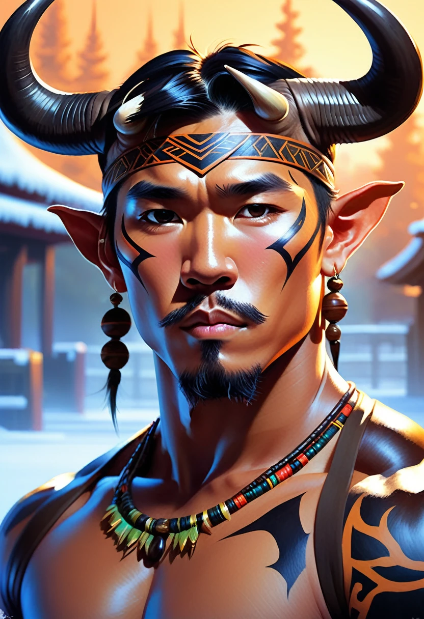 Half man half asian black bull, tribal, Frozen Empire, caramel stylised hair style, realistic shaded lighting poster by ilya kuvshinov katsuhiro, magali villeneuve, artgerm, jeremy lipkin and michael garmash, rob rey and kentaro miura style, trending on art station