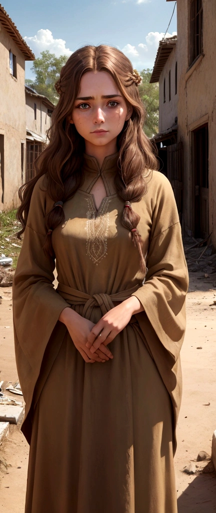good quality:1.2), (Ultradetailed:1.2), (ultradetailed face:1.2), (ultradetailed body:1.2) Villagers, including Elara, a human woman with long, wavy brown hair and green eyes, stand in front of their destroyed homes in the picturesque village, faces filled with worry and sadness. She wears simple, earth-toned clothing reflecting her humble lifestyle."