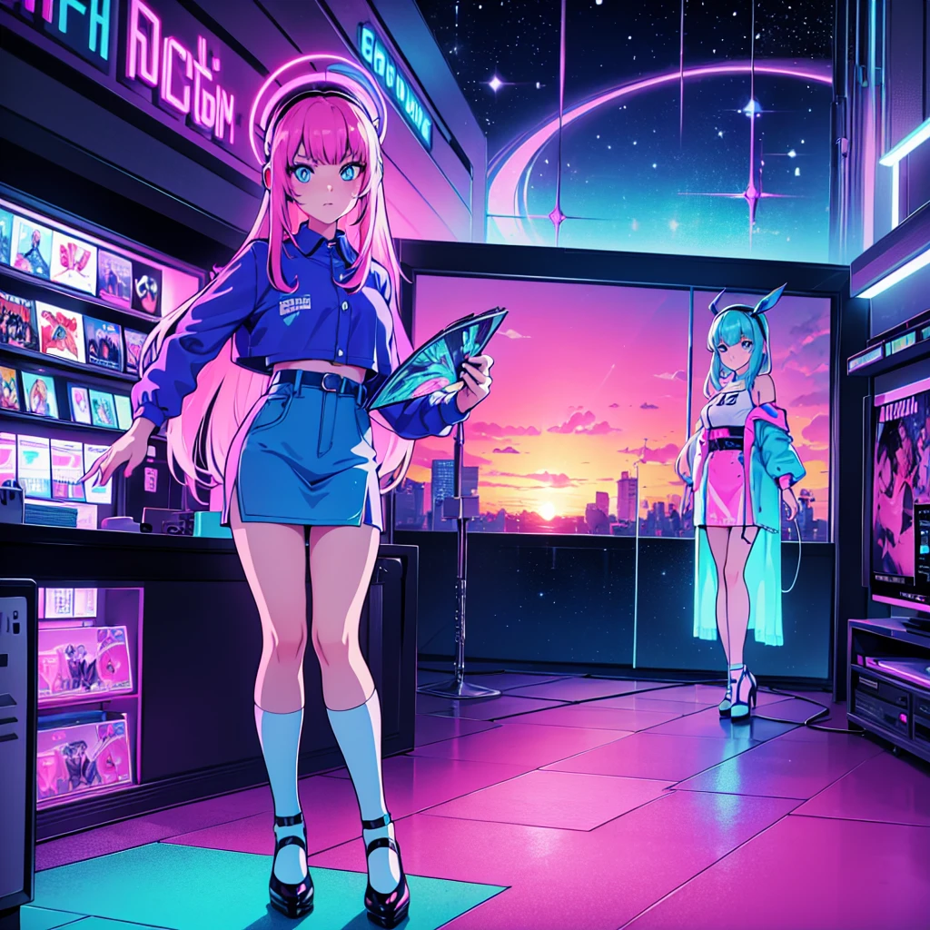 (masterpiece), Highest quality, Expressive eyes, Neon pastel aesthetics, Retro 90s, Neon color,((Girl sitting on sofa,In a cozy room,Records hanging on her wall, Comic books on the floor, Looking out the window behind her at the night city, Upholstered room, Anime figures lined up on a shelf)), Wearing headphones, (All around her it sparkles), (Wearing high socks and heels), (blue eyes), (Soft look), (Synthwave Art Style), Colorful Hair, Desk with PC set up