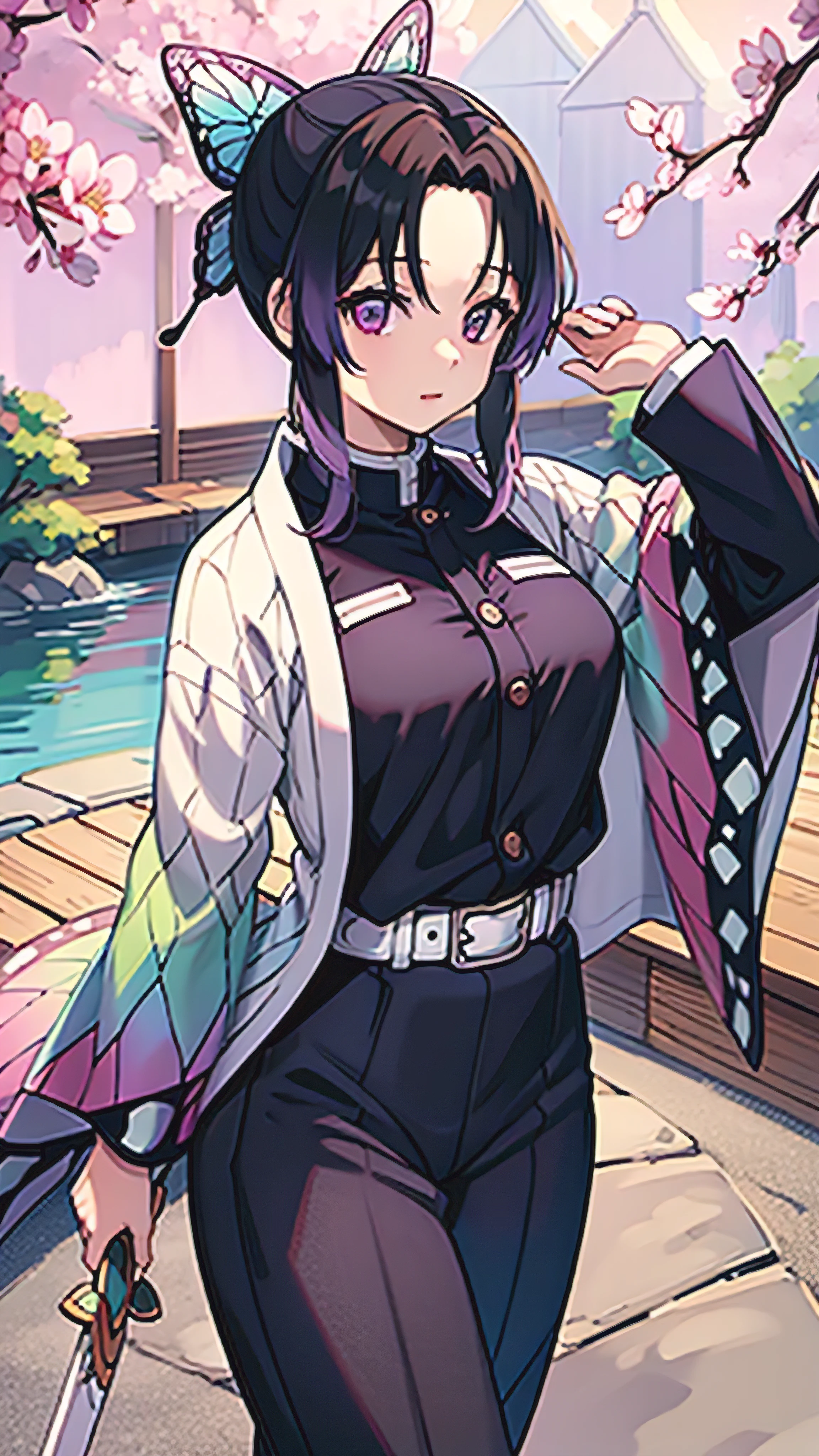 masterpiece, best quality, highres, 1girl, solo, Shina Mahiru, butterfly hair ornament, purple eyes, multicolored hair (featuring shades of pink, blue, and green), short hair with parted bangs, haori (a traditional Japanese robe), wide sleeves, and long sleeves underneath, black pants, black jacket with a frayed edge, belt, cowboy shot, holding a weapon, a traditional Japanese sword with an intricate design. The background is a serene Japanese garden, filled with cherry blossoms, creating a beautiful contrast to Shina's bold attire.