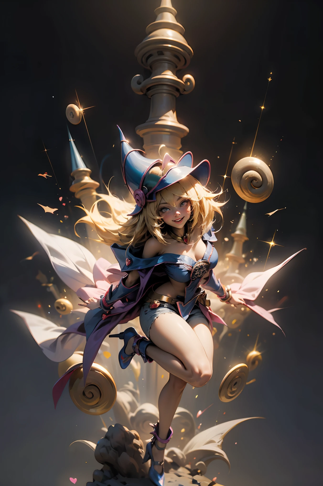 (Masterpiece:1.2), (The best quality:1.2), perfect lighting, Dark Magician Girl casting a spell, smiling. happy. in battle. floating in the air, big and visible tits, wear jeans and heels. transparent neckline, blue robe, big hat, From above, sparkles, Yugioh game, The magic of the heart, romantic heart.