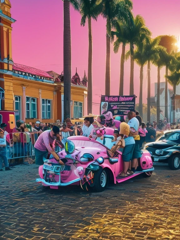 Cartoon style caricature, high detail cartoon, . A Pink Beetle with people hanging out celebrating and barbecuing on a barbecue grill on top of the hood of the Pink Beetle, harvest festival parade Entre Rios de Minas