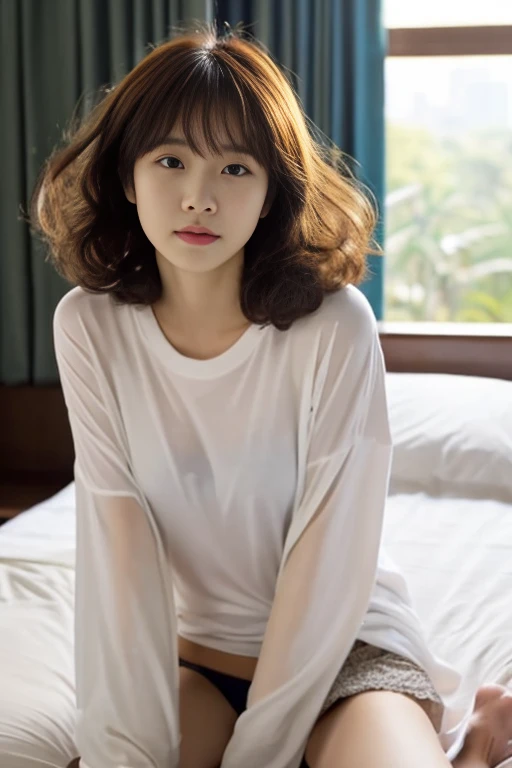 There is a woman sitting with her hair pulled back., White long sleeve T-shirt、下半身はWear nothing、Sitting on the bed、shikamimi, Korean Girls, sakimichan, beautiful south Korean women, Korean women, Yoshitomo Nara, For whom?, harumi, Short hair, Park Jimin, Choi Hong-hwa, narumi kakinouchi、Semi-long hair、Loose and fluffy hair、Perm、breeze、Bedroom、Wear nothing、No underwear、Open clothing、Angle from below