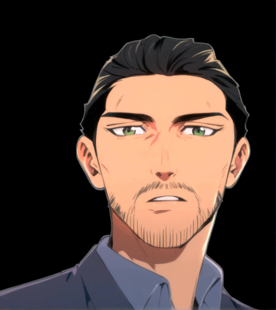 a close-up of a man with a beard and shirt, greeneyes, manga style, haikyuu art style, manga art style, anime handsome man, anime haikyuu, inspired by haikyuu