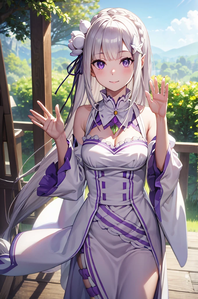 (masterpiece:1.3), (best quality:1.1), (8k, ultra detailed, ultra high res:1.2), ((anime style)), (perfect 5 fingers:1.2), perfect anatomy, 
1girl,
emilia\(re:zero\),
long hair, low-tied long hair, braid, crown braid, 
white hair, 
purple eyes, 
(pointy ears:0.8), 
flower, hair flower, hair ornament, hair ribbon, white flower, x hair ornament, 
BREAK medium breasts, 
dress, pink dress, bare shoulders, detached collar, long sleeves, shoulder cutout, wide sleeves, white sleeves, 
(light smile:1.3), 
looking at viewer, 
upper body,  
BREAK standing, (Waving hand:1.3), outdoor, forest, sky, summer, 