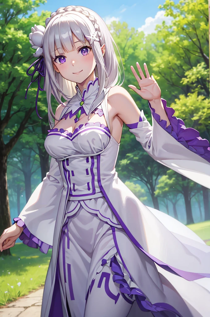 (masterpiece:1.3), (best quality:1.1), (8k, ultra detailed, ultra high res:1.2), ((anime style)), (perfect 5 fingers:1.2), perfect anatomy, 
1girl,
emilia\(re:zero\),
long hair, low-tied long hair, braid, crown braid, 
white hair, 
purple eyes, 
(pointy ears:0.8), 
flower, hair flower, hair ornament, hair ribbon, white flower, x hair ornament, 
BREAK medium breasts, 
dress, pink dress, bare shoulders, detached collar, long sleeves, shoulder cutout, wide sleeves, white sleeves, 
(light smile:1.3), 
looking at viewer, 
upper body,  
BREAK standing, (Waving hand:1.3), outdoor, forest, sky, summer, 