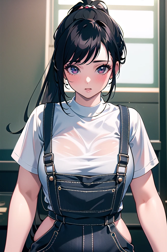 20 years old,1 girl, extremely thick thighs, hyperrealistic, 8k, (extremely detailed 8k), (very delicate and beautiful), (masterpiece), (better quality:1.0), (ultra high resolution:1.0), (masterpiece, best quality), cute,black hair,overalls,leaning forward,ponytail,upper body,POV