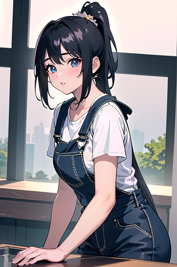 20 years old,1 girl, extremely thick thighs, hyperrealistic, 8k, (extremely detailed 8k), (very delicate and beautiful), (masterpiece), (better quality:1.0), (ultra high resolution:1.0), (masterpiece, best quality), cute,black hair,overalls,leaning forward,ponytail,upper body,POV