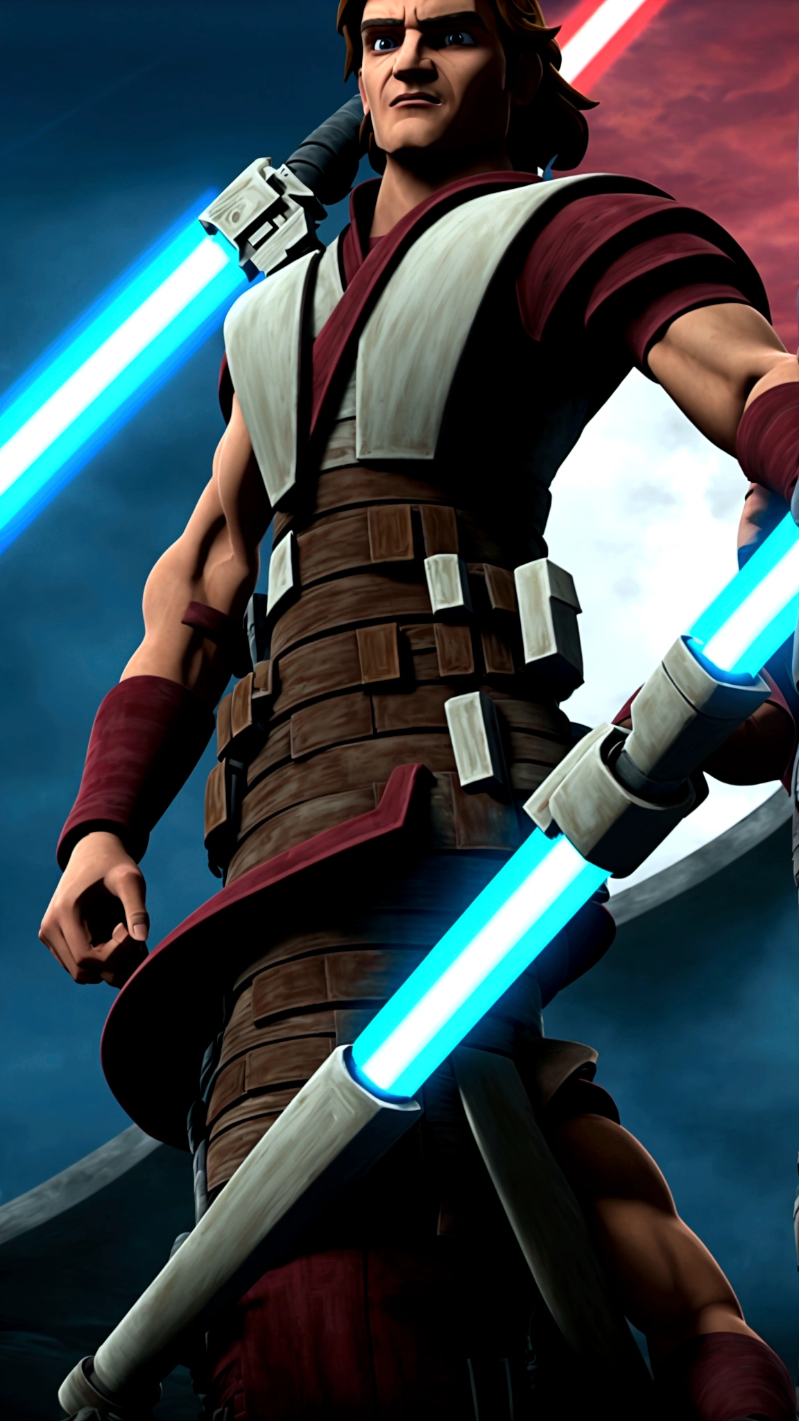 starwars clone wars art style with shading, age 20 muscular brawny burly man  descent, (pure pale white skin:1), subtle grin, (long scarlet red hair with thick red eyebrows a 5 o'clock shadow and red eyes:1), holding his greatsword hilt, the lightsaber blade is viridian green and cloaked in lightning, black half plate armor with leather accents and boots, lit space station background.