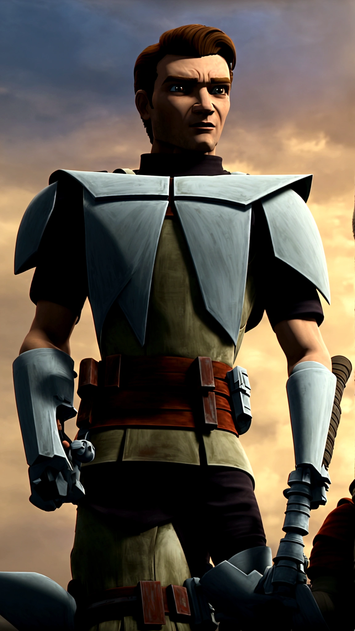 starwars clone wars art style with shading, age 20 muscular brawny burly man  descent, (pure pale white skin:1), subtle grin, (long scarlet red hair with thick red eyebrows a 5 o'clock shadow and red eyes:1), holding his greatsword hilt, the lightsaber blade is viridian green and cloaked in lightning, black half plate armor with leather accents and boots, lit space station background.