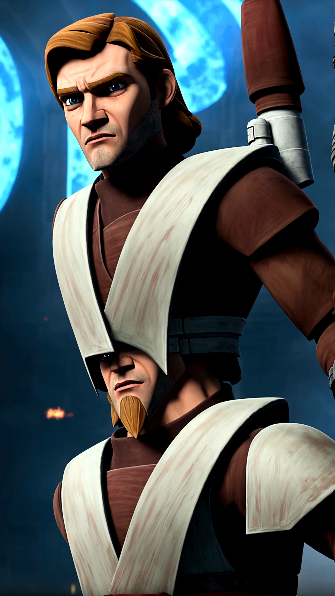 starwars clone wars art style with shading, age 20 muscular brawny burly man descent, (pure pale white skin:1), subtle grin, (long scarlet red hair with thick red eyebrows a 5 o'clock shadow and red eyes:1), holding his greatsword hilt, the lightsaber blade is viridian green and cloaked in lightning, black half plate armor with leather accents and boots, lit space station background.