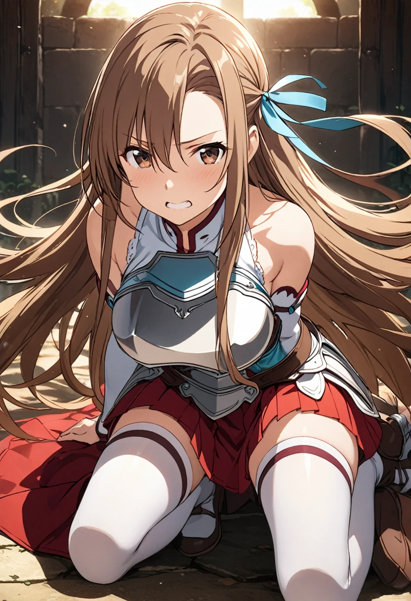 Highest quality、Super detailed、High resolution illustrations、Ultra-high-definition CG、8k size wallpaper、Production Art、Light novel illustrations、asuna yuuki, long hair, brown hair, brown eyes,
skirt, thighhighs, bare shoulders, detached sleeves, armor, white thighhighs, breastplate, red skirt, A sharp expression、Hold the Lambent Light