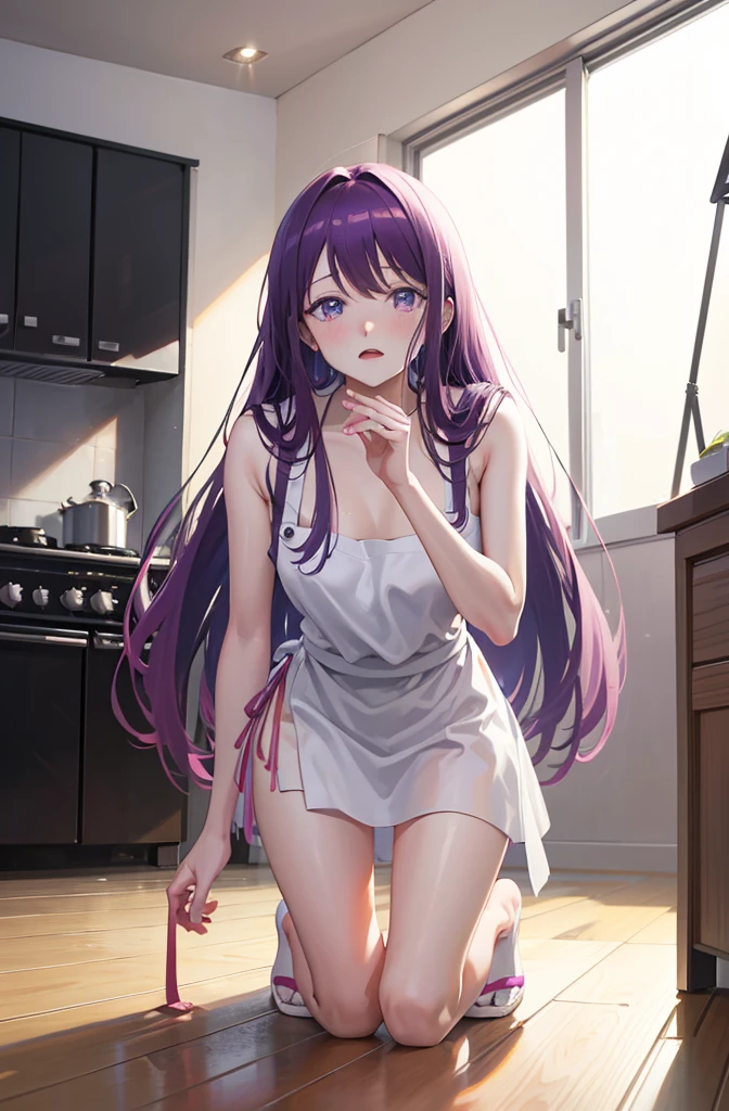 ランダムなポーズ、Full body, 8K, highest quality, masterpiece, ultra-definition, light purple hair, semi-long hair, light purple eyes, covering butt with hand, lipstick, full body, cooking, naked, wearing red apron, sitting in slippers , blushing, home kitchen, wearing an apron, crawling on all fours, leaning forward, angle from below, perfect hands, thin hands, night