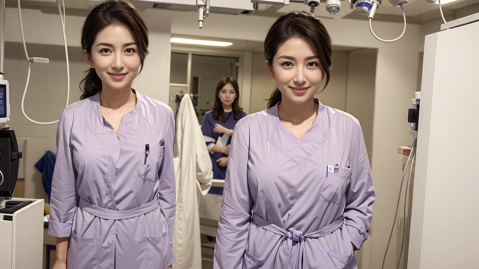 ((she is a doctor:1.1)), ((big tits:1.1)), (Wearing a scrub suit in the operating room:1.3), (doctor in a white lab coat:1.1), (Doctor's attire), masutepiece, Best Quality, Ultra-detailed, finely detail, hight resolution, 8K Wallpaper, Perfect dynamic composition, Beautiful detailed eyes, mid-chest, Natural Color Lip, Random and sexy poses, Smile,28 years beautiful women, Examination room, stethoscope