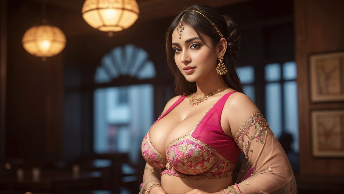 (((((((A)))))))half body of confident-looking Bangladesh woman with long and thick hair, (masterpiece, best quality:1.2), ((((((solo)))))), ((((((1girl)))))), ((looking at camera)), hazel eyes, a smile on the face, royal and lusty look, standing posing like a professional model for a photoshoot, (((Huge Boobs))), perfect composition and light, hyper realistic skin texture, super background decorations detailed, 8k, high quality, trending art, trending on art station, photo, intricate details, highly detailed, ((((Cropped Breast Wear)))), (((Pub Vibes background)))), (((wearing a bright colour Saree with designs and patterns with sleeves))), (((((big sexy body shape))))), (((Pub Vibes background behind her))), (((Portrait Fashion Photo))), hair bobbles, wince, solid circle eyes, light smile, ear blush, fang, ccurate, makeup, hairband, double bun, Surrealism, drop shadow, anaglyph, stereogram, tachi-e, pov, atmospheric perspective, glowing light, backlighting, ray tracing, image fill, anaglyph, stereogram, scanlines, speed lines, silhouette, vignetting, 8k, super detail, best quality