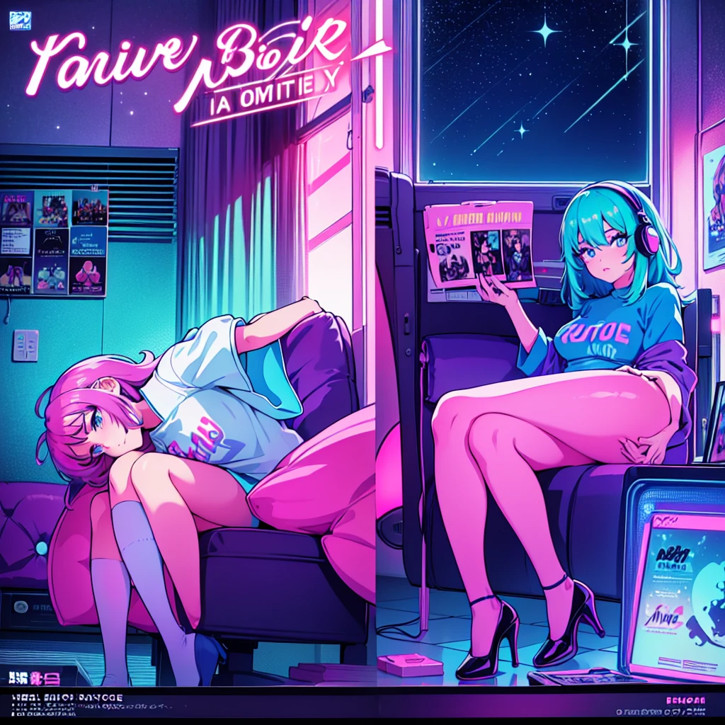 (masterpiece), Highest quality, Expressive eyes, Neon pastel aesthetics, Retro 90s, Neon color,((Girl sitting on sofa,In a cozy room,Records hanging on her wall, Comic books on the floor, Looking out the window behind her at the night city, Upholstered room, Anime figures lined up on a shelf)), Wearing headphones, (All around her it sparkles), (Wearing high socks and heels), (blue eyes), (Soft look), (Synthwave Art Style), Colorful Hair, Desk with PC set up