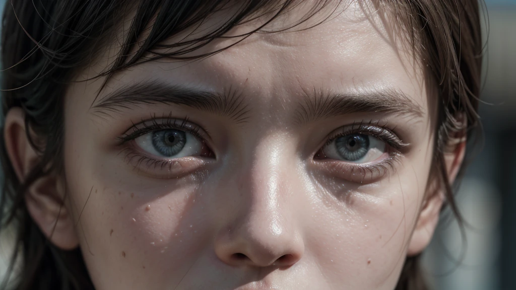 Cinematic, close-up of a person's shocked expression at the sound, detailed texture, realistic photography, urban backdrop, muted colors, tense atmosphere. 
