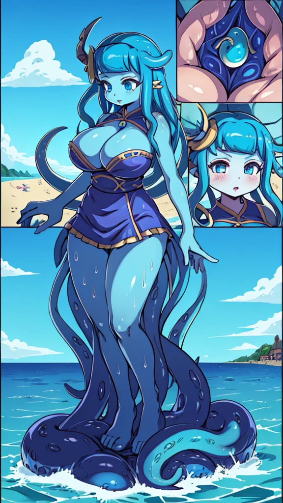 Beach Background,Close-up above the waist,Upper body close-up,Huge girl,Octopus Girl,Blue Hair,Octopus hair,Tentacle hair,Tentacle Arm,Tentacle hair,Tentacle hair,Suction Cup Hand,Suction Cup Hand,There are no palms,Brachiopod Arm,Octopus hands,Tentacle arm,Octopus Girl,Giant girl,Giant女孩,cute,Giant女孩,Blue Skin,Blue and white skin,Big breasts,Big breasts,Full figure,Fleshy body,Big Ass,Lower body soaked in the sea,几十米高的Huge girl,Octopus Girl,Giant女孩,Giant,Giant,Seaside background,Town Background,High-rise buildings,Street background,Close-up above the waist,Skirt,触手Skirt,章鱼Skirt