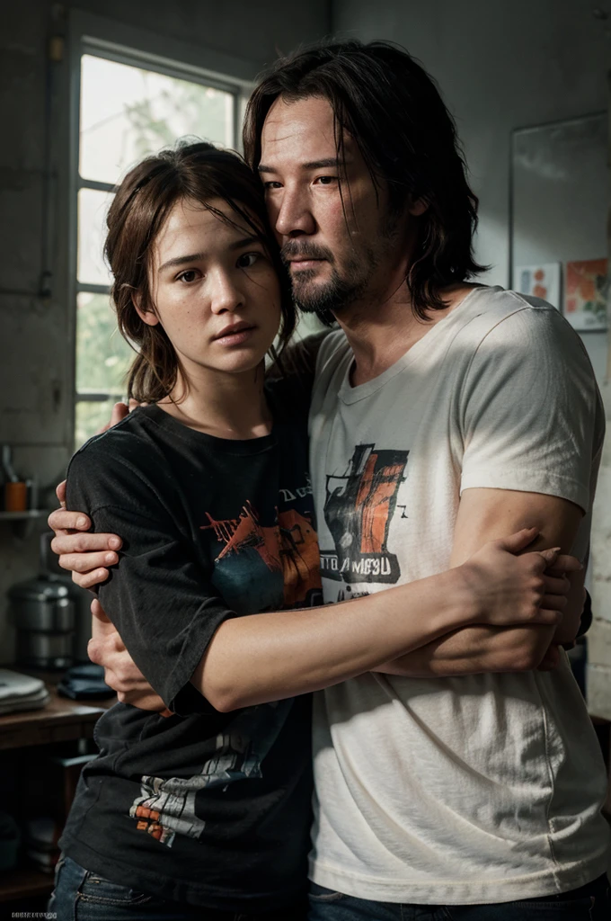 ((best quality)), ((masterpiece)), (detailed), perfect face, Couple, hugged, laughing, Ellie de the Last of us  Keanu Reeves, blue and black wool t-shirt, with orange and white print, foreground, intense lighting, high level of detail, lying on a white sofa