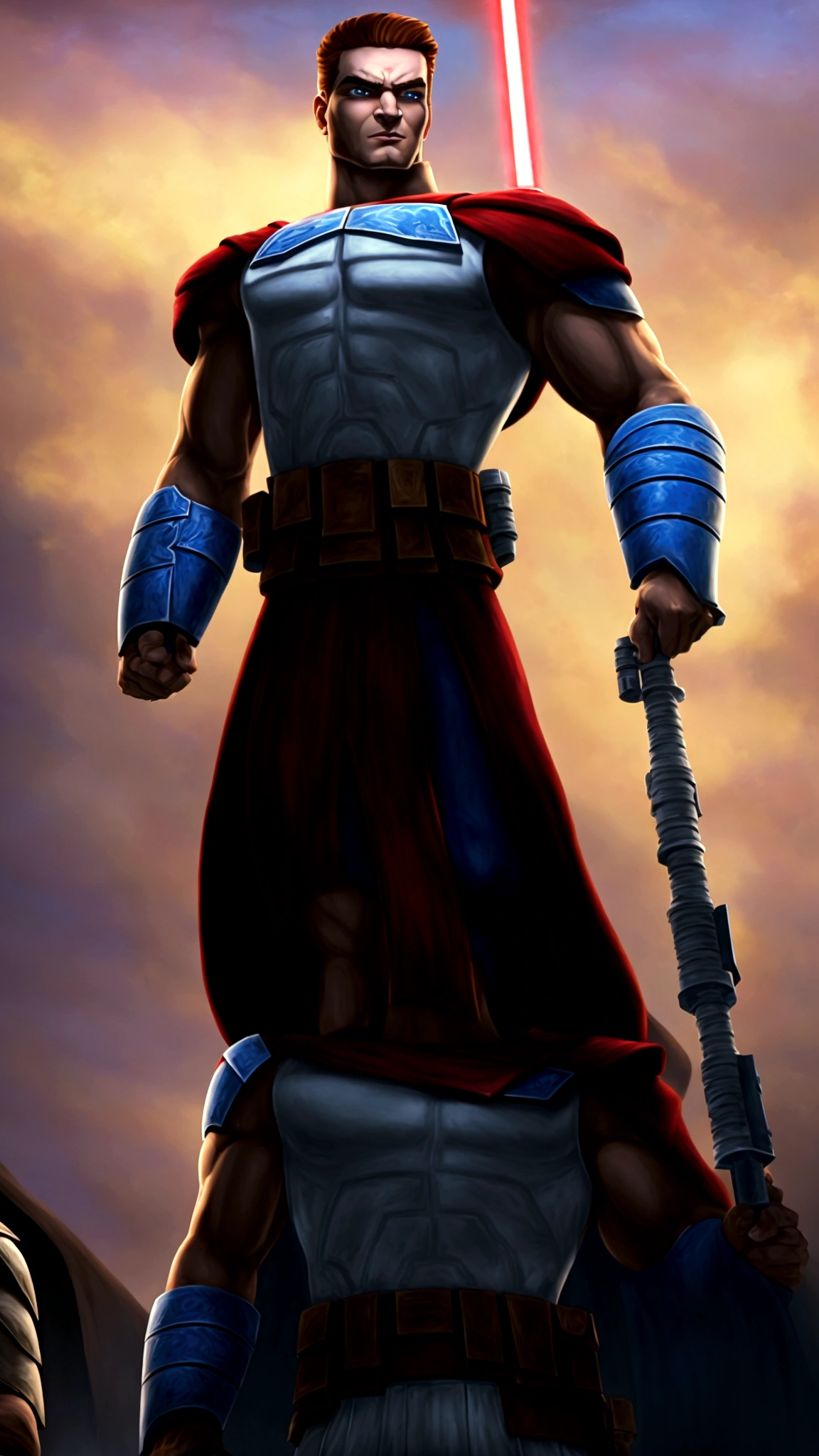 age 20 muscular brawny burly man  de, (pure pale white skin:1), subtle grin, (long scarlet red hair with thick red eyebrows a 5 o'clock shadow and red eyes:1), holding his greatsword hilt, the lightsaber blade is viridian green and cloaked in lightning, black half plate armor with leather accents and boots, lit space station background.