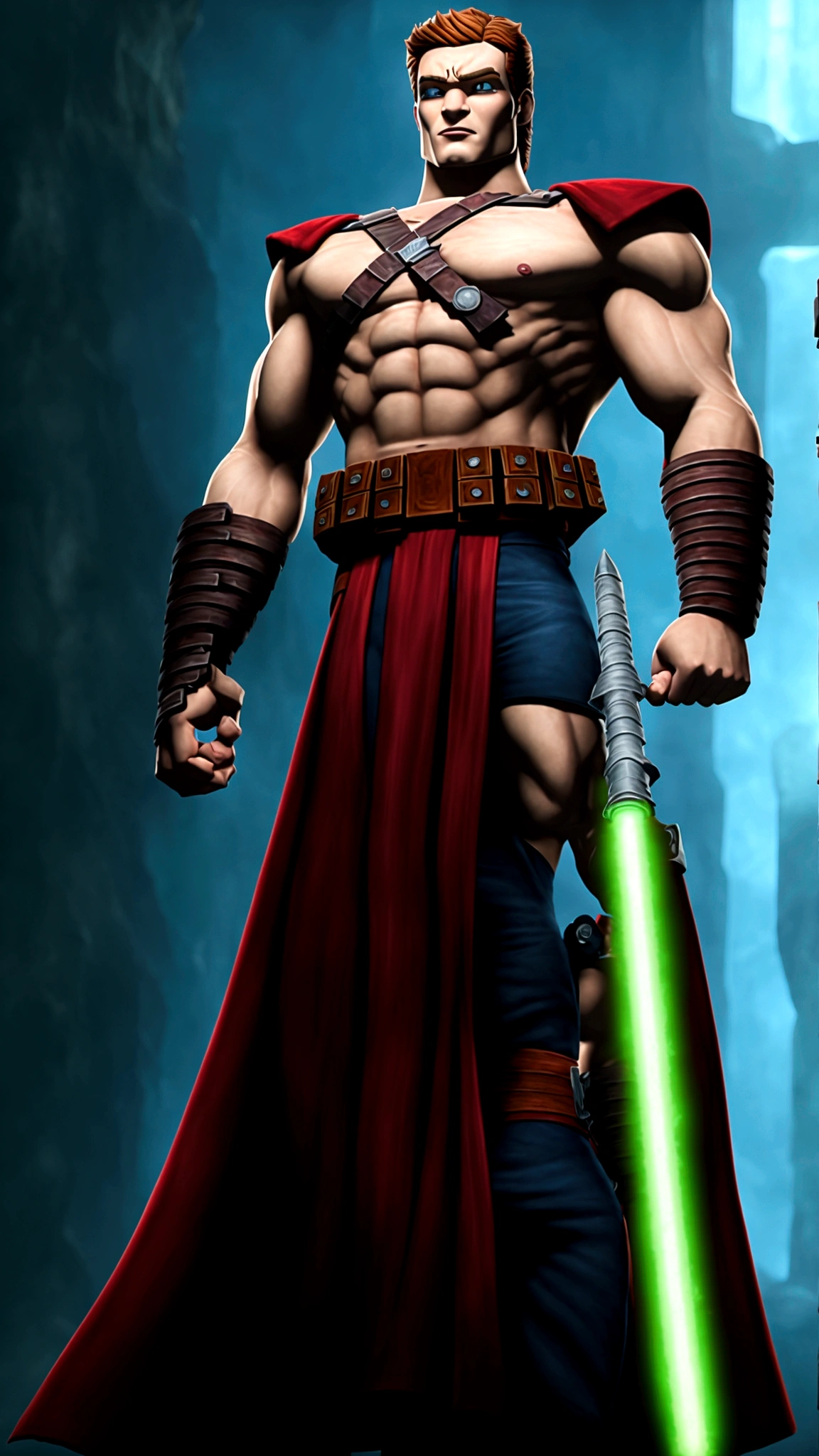 age 20 muscular brawny burly man  de, (pure pale white skin:1), subtle grin, (long scarlet red hair with thick red eyebrows a 5 o'clock shadow and red eyes:1), holding his greatsword hilt, the lightsaber blade is viridian green and cloaked in lightning, black half plate armor with leather accents and boots, lit space station background.