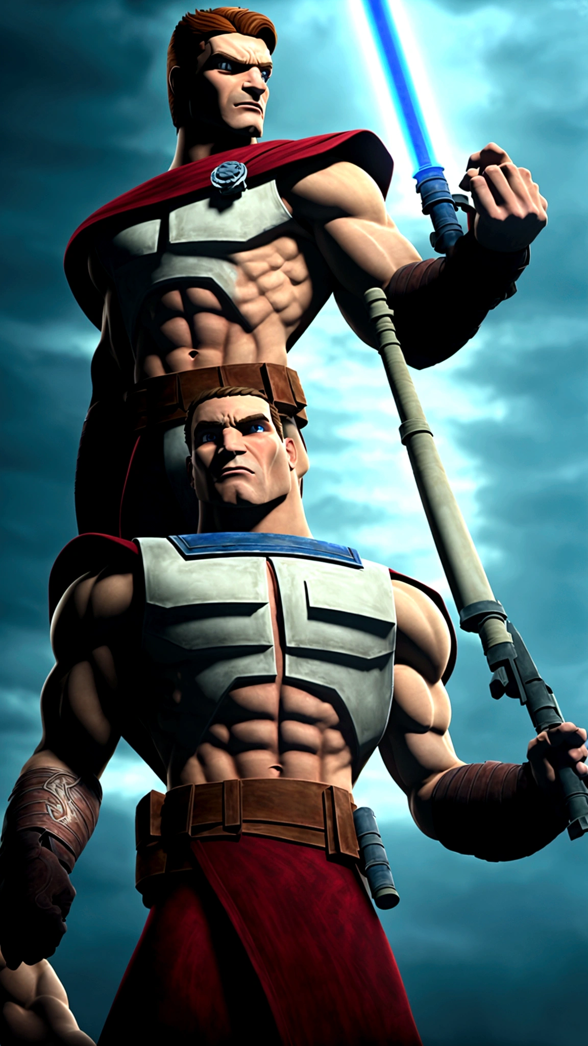 age 20 muscular brawny burly man  de, (pure pale white skin:1), subtle grin, (long scarlet red hair with thick red eyebrows a 5 o'clock shadow and red eyes:1), holding his greatsword hilt, the lightsaber blade is viridian green and cloaked in lightning, black half plate armor with leather accents and boots, lit space station background.