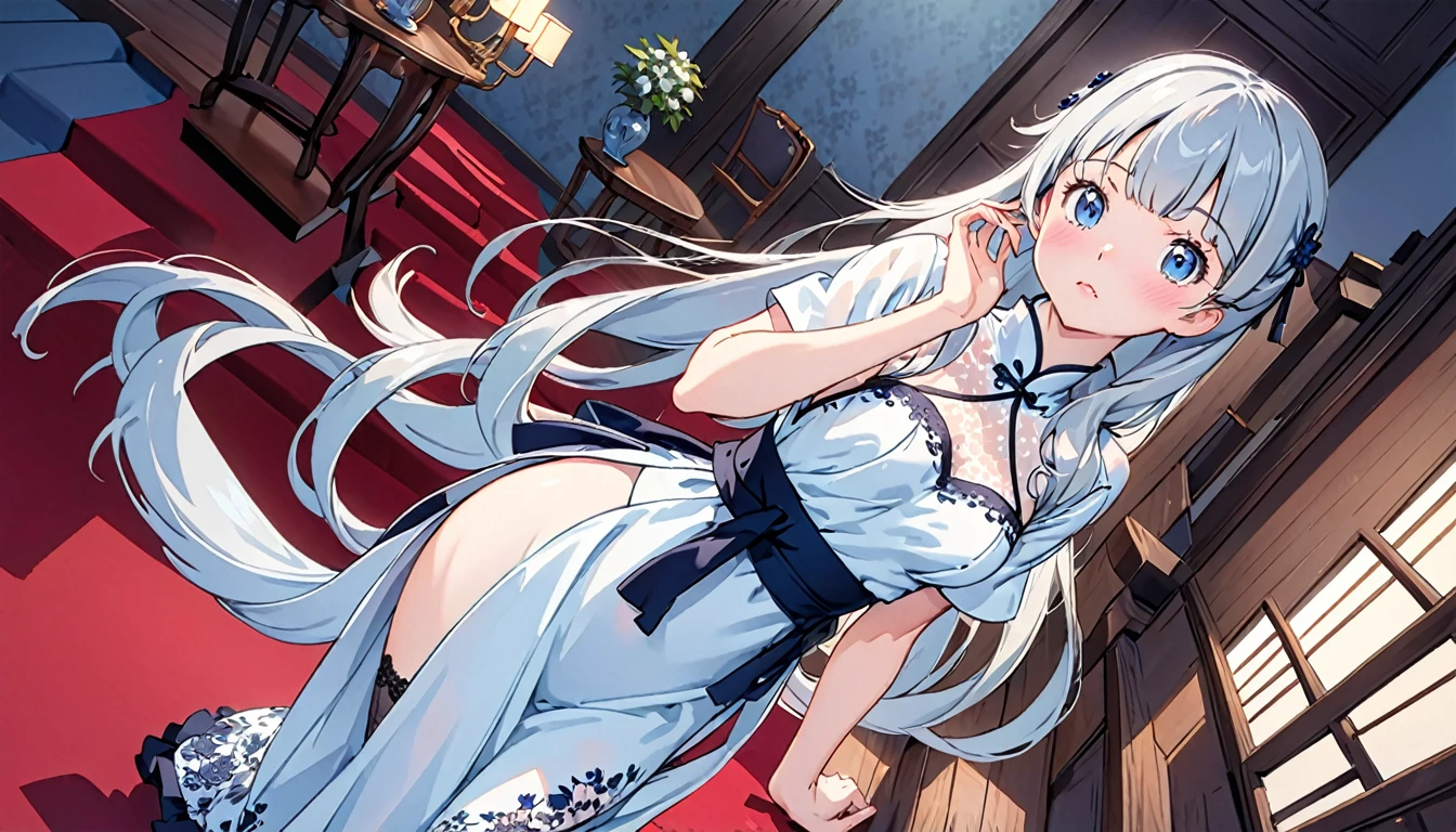 “A silver-haired twin-tailed girl standing on a red carpet in a luxurious indoor setting. Her long hair is elegantly tied with a vibrant blue ribbon on the left and a black ribbon on the right, with neat bangs partially covering her face. Some strands of her hair are held in place by black hairpins. She has large, expressive blue eyes and a shy, surprised expression with blushing cheeks. The girl is dressed in an elegant white cheongsam-style dress that covers her neck, featuring sophisticated lace designs. The dress fits snugly around her chest and smoothly follows the contours of her body down to her waist. The sides of the dress are daringly open, revealing black garter belts and delicate lace-patterned stockings from her waist to her thighs. The background features heavy wooden furniture and elegant chairs, creating an atmosphere of opulence throughout the room.”“NSFW”