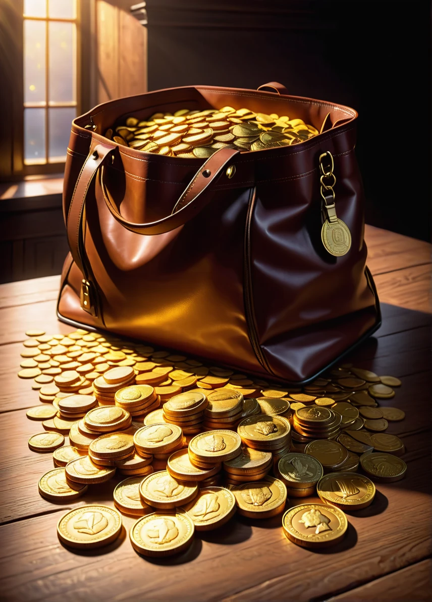 bag of gold coins, (gold in leather bag: 1.6), (light golden glow: 1.5), wooden table dark background, ((looking at viewer:1.2), (from side:0.8)), volumetric lighting dynamic lighting, real shadows, vibrant contrasting colors, style of Stephen Hickman and Stan Manoukian, ultra realistic, masterpiece, high quality, highres, sharp focus, intricate, sharp details, highly detailed, rich color, 8K,
