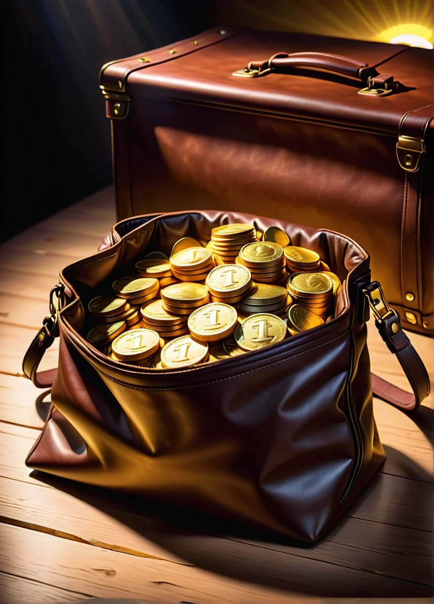 bag of gold coins, (gold in leather bag: 1.6), (light golden glow: 1.5), wooden table dark background, ((looking at viewer:1.2), (from side:0.8)), volumetric lighting dynamic lighting, real shadows, vibrant contrasting colors, style of Stephen Hickman and Stan Manoukian, ultra realistic, masterpiece, high quality, highres, sharp focus, intricate, sharp details, highly detailed, rich color, 8K,
