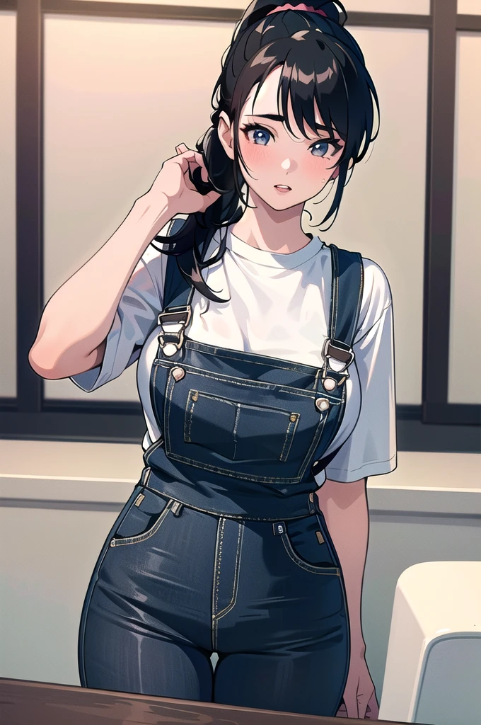 20 years old,1 girl, extremely thick thighs, hyperrealistic, 8k, (extremely detailed 8k), (very delicate and beautiful), (masterpiece), (better quality:1.0), (ultra high resolution:1.0), (masterpiece, best quality), cute,black hair,,overalls,leaning forward,ponytail,upper body,POV