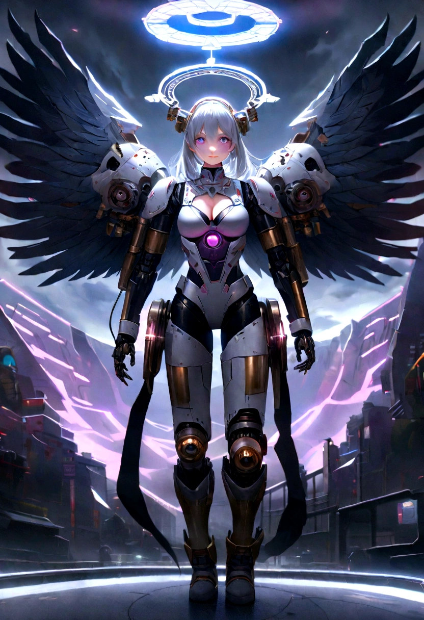 Create a bot、The gesture of the arrival of angels、Suspended in mid-air、facing at camera、complete body，in a panoramic view、12 to 16 years old, With a charming smile, Trigger emotions in people, When you see him, top-quality、tmasterpiece、超A high resolution、(Photorealsitic:1.4)、RAW photo、Steampunk robot angel、Large wing made of metal、White porcelain body、whaite hair、glowy skin、cyborg girl、((Super realistic details))、porate、The circular halo of time and gears constantly rotate behind it、globalillumination、black shadows、octan render、8K、ultrasharp、Character edge light,Colossal 、Raw skin is exposed in cleavage、Details of complex ornaments、Acrylic transparent cover、Sumerian details、Hydraulic cylinder、small led lights、highly intricate detail、Realistic light、a purple eye、Radiant eyes、Facing the camera、neon light detail、cow boy shot、Futuristic headgear、Floor plan about the《cyber punk perssonage》、Extra meticulous、future-tech、Faraway view、Full body photo、