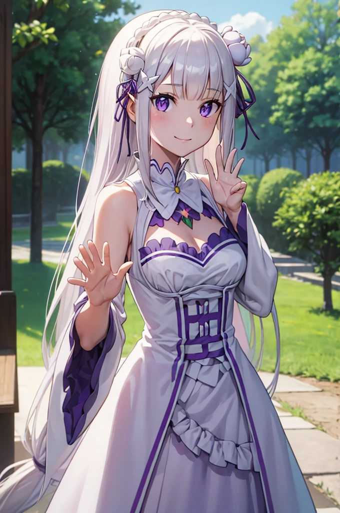 (masterpiece:1.3), (best quality:1.1), (8k, ultra detailed, ultra high res:1.2), ((anime style)), (perfect 5 fingers:1.1), (perfect ???????:1.1), 
1girl,
emilia\(re:zero\),
long hair, low-tied long hair, braid, crown braid, 
white hair, 
purple eyes, 
(pointy ears:0.8), 
flower, hair flower, hair ornament, hair ribbon, white flower, x hair ornament, 
BREAK medium breasts, 
dress, pink dress, bare shoulders, detached collar, long sleeves, shoulder cutout, wide sleeves, white sleeves, 
(light smile:1.3), 
looking at viewer, 
upper body,  
BREAK standing, (Waving hand:1.3), outdoor, forest, sky, summer, particle, 