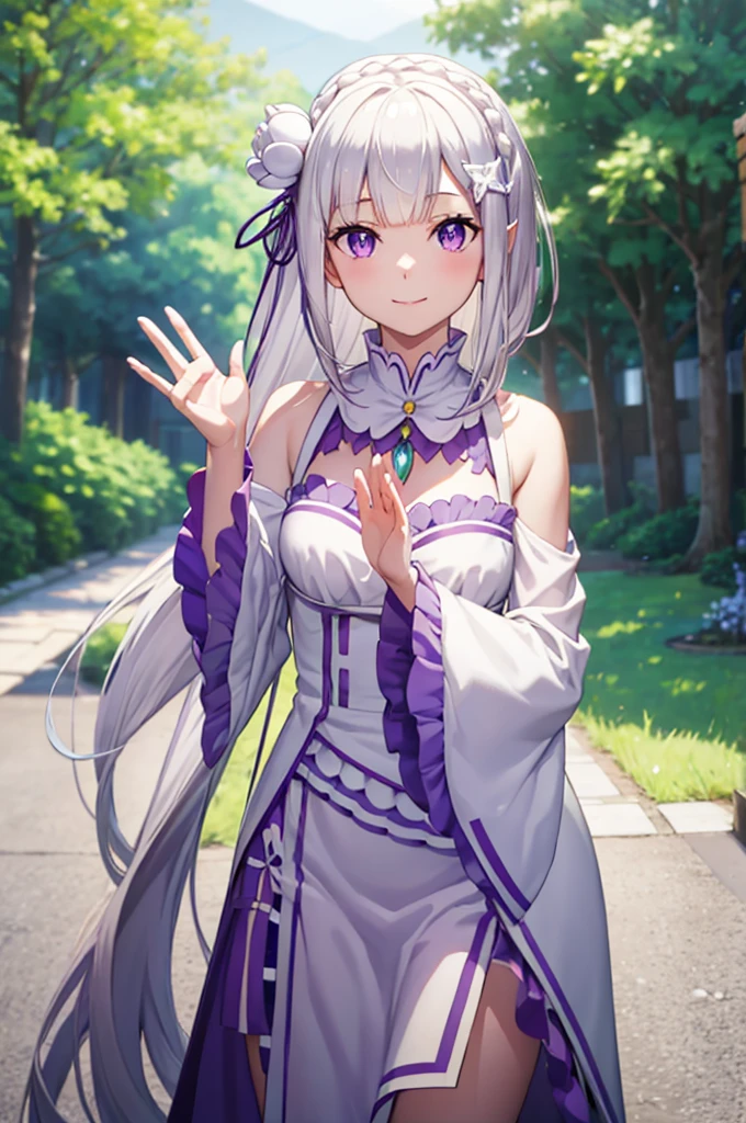 (masterpiece:1.3), (best quality:1.1), (8k, ultra detailed, ultra high res:1.2), ((anime style)), (perfect 5 fingers:1.1), (perfect anatomy:1.1), 
1girl,
emilia\(re:zero\),
long hair, low-tied long hair, braid, crown braid, 
white hair, 
purple eyes, 
(pointy ears:0.8), 
flower, hair flower, hair ornament, hair ribbon, white flower, x hair ornament, 
BREAK medium breasts, 
dress, pink dress, bare shoulders, detached collar, long sleeves, shoulder cutout, wide sleeves, white sleeves, 
(light smile:1.3), 
looking at viewer, 
upper body,  
BREAK standing, (Waving hand:1.3), outdoor, forest, sky, summer, particle, 