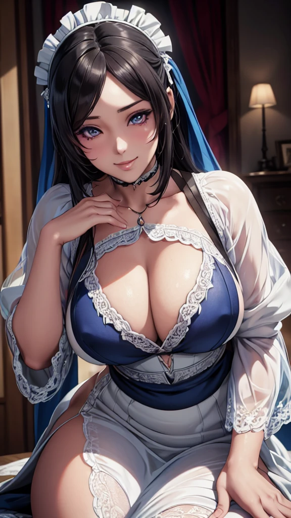 NFSW, Beautiful detailed portrait of a girl with big eyes, Fuller lips, Smiling Kindly, Long eyelashes, see through Maid clothesを着て, tihn fabric clothing, In sensual poses, (highest quality,4K,8k,High resolution,masterpiece:1.2),Super detailed,(Realistic,photoRealistic,photo-Realistic:1.37),Highly detailed face, Maid clothes, Intricate details, Vibrant colors, Dramatic lighting, Structure of the film, Anime-inspired art style