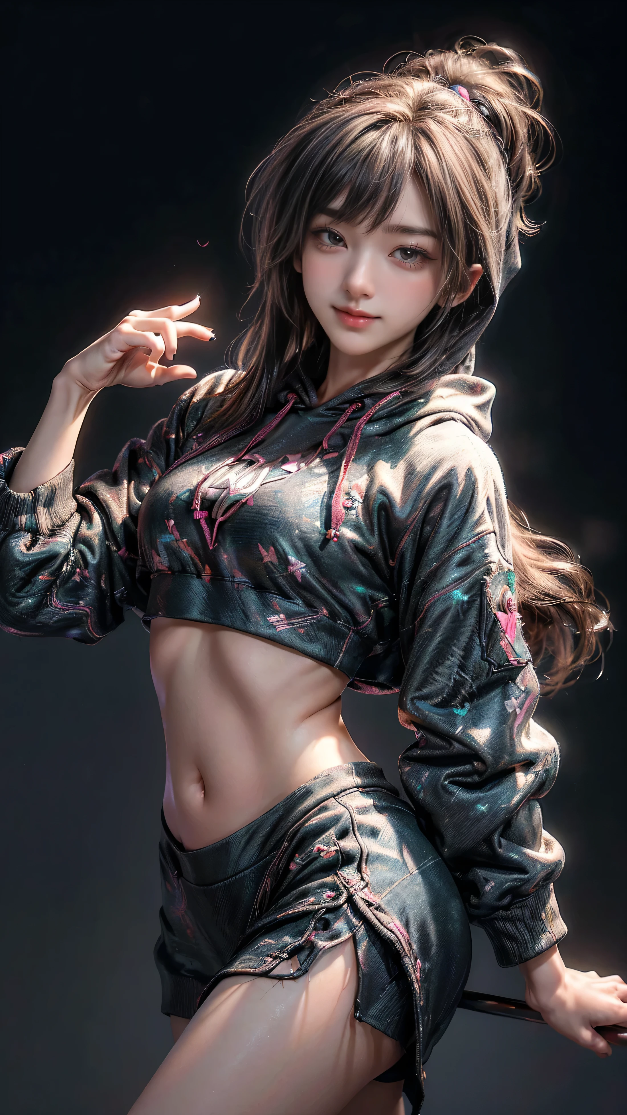 ((masterpiece, 最好of质量, Highest image quality, high resolution, Reality, RAW photos, 8K)), Ultra wide angle, girl, (Lower Bust:1.4),Big sagging breasts、(Smile:1.5),Colored undercoat,长长of灰白头发:1.5,蓬乱of长发:1.35,Black long hair,复杂of发型,(((neon_粉色of_With eyes:1.3))),复杂of眼睛,美丽而精致of眼睛,Symmetrical eyes)),(Lower abdomen,Willow Waist,Wide hips,Athlete physique detailed subject), 可爱of大乳房,of,((((Cropped Hoodie,)))), (Dynamic poses:1.0),Just focus,Embarrassing,(Centrally located,Scale to Fit,Rule of Thirds), Neon lights are particularly eye-catching, very bright neon light,at night, starry night, universe, Art Photography,(Photo by sldr),high resolution, Focus, (写实of艺术品:1.37),(extremely detaildof CG unified 8k wallpapers),((Synthwave Background Theme)),(((Bright colors))),complex,(complexof背景),(tmasterpiece),(最好of品质),Itof a perfect face,完美of面部细节,逼真of脸,Live photos,Analog style,((复杂of细节)),(((实际of))),
