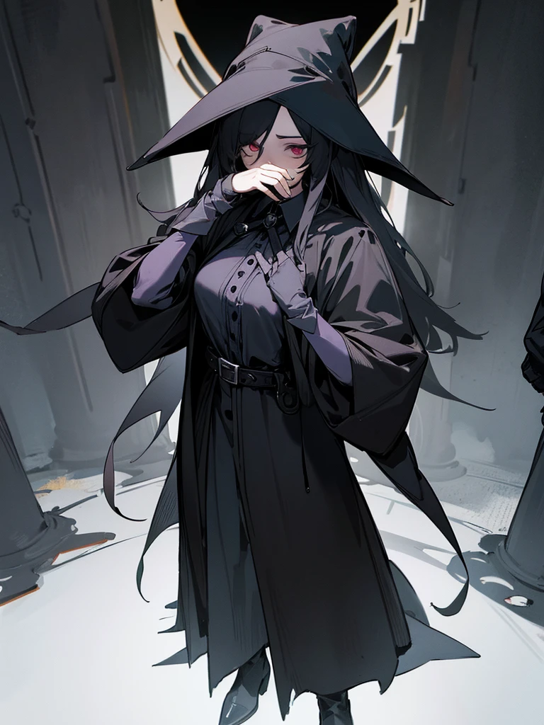A female plague doctor. She would have totally black hair, her hair is short and messy. Her eyes would also be black and she would be very tall, having the appearance and stature of an adult. Her clothes would cover her entire body except for her face.