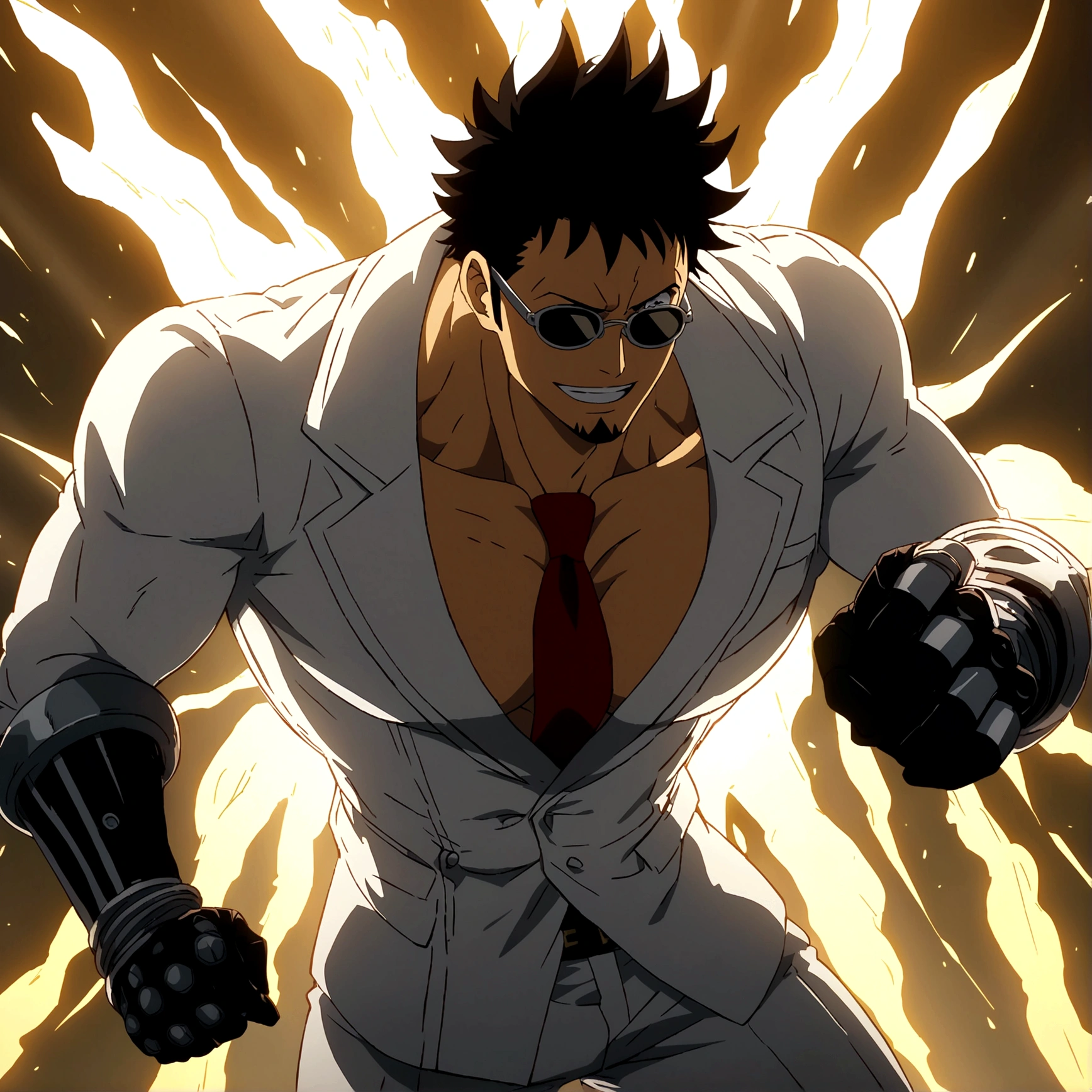 Man, Lean muscular body, Long black hair, White suit, Red tie, Sunglasses, Goatee, Black gloves, Mad scientist smile, Mad scientist, White mechanical arms, Laboratory setting, Anime lines inspired by ONE PIECE, bathed in dramatic, incredible lighting, dramatic lighting, infused with creative details, ultra-fine 2D design, setting bathed in creativity, bathed in creativity, boasting HD anime resolution clarity, HD anime graphics, high-octane rendering
