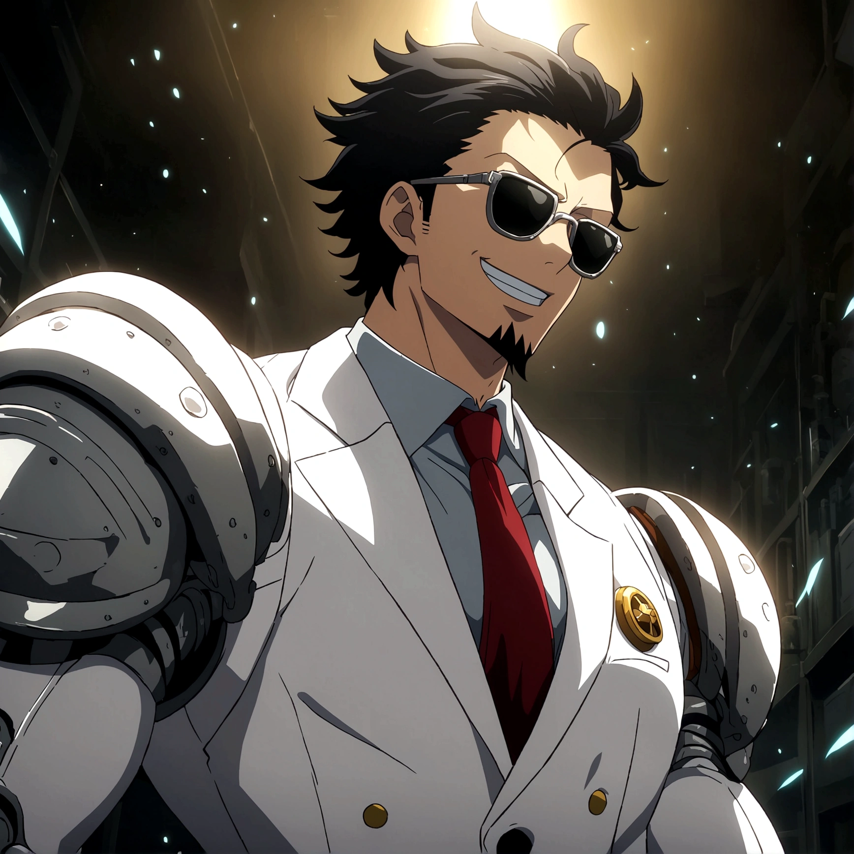 Man, Lean muscular body, Long black hair, White suit, Red tie, Sunglasses, Goatee, Black gloves, Mad scientist smile, Mad scientist, White mechanical arms, Laboratory setting, Anime lines inspired by ONE PIECE, bathed in dramatic, incredible lighting, dramatic lighting, infused with creative details, ultra-fine 2D design, setting bathed in creativity, bathed in creativity, boasting HD anime resolution clarity, HD anime graphics, high-octane rendering