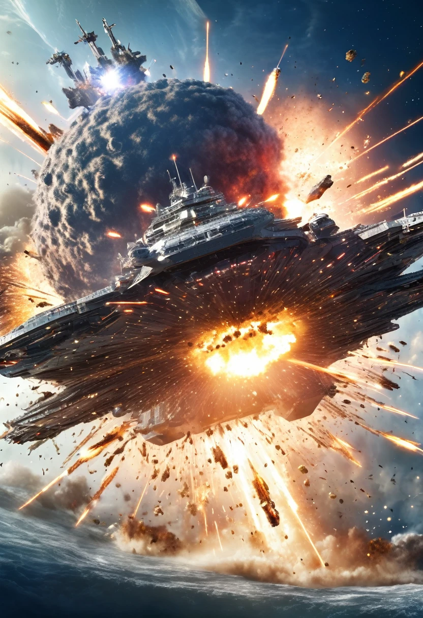 exploded, a galactic battleship, explode apart, space war zone back ground, crossing laser beam, exploding space crafts, uhd, 8k, super detailed, unreal engine, epic realism