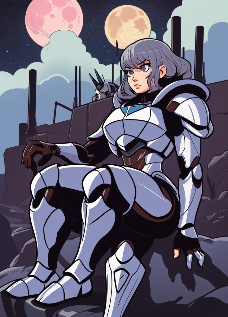 (chibi:0.5)
grey hair,tubular hair,grey eyes,sitting,armor,mecha, big moon in the background 