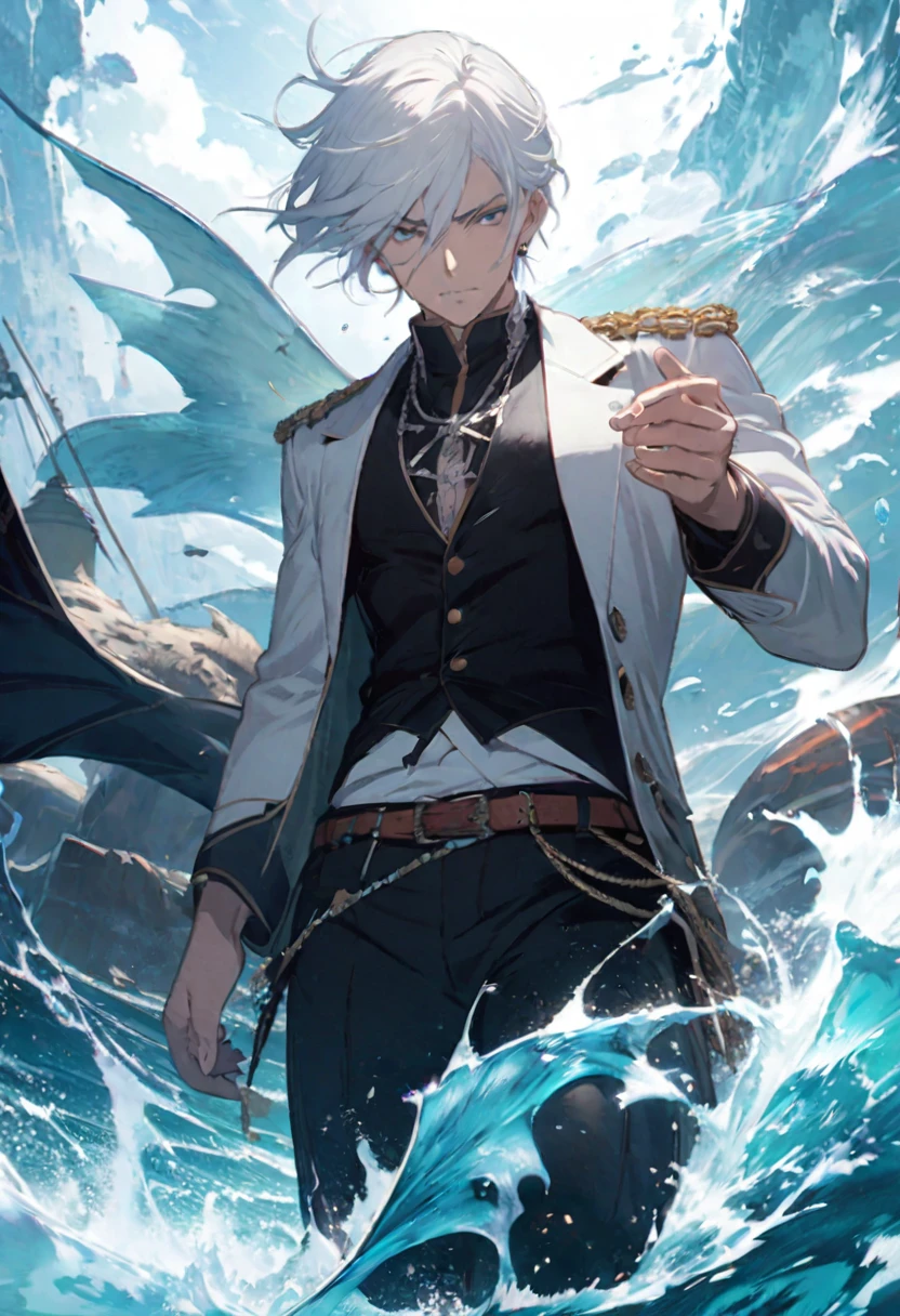 White-haired anime character with a robotic arm in the ocean,miyabi, detailed Key Anime Art, shigenori soejima illustration, Very detailed fan art, artstation pixivでトレンド, Key Anime Art, Wallpaper Anime Blue Water, Handsome men from Demon Slayer, Key Visual, Detailed digital anime art, Handsome anime pose, Detailed Anime Character Art, Above seawater