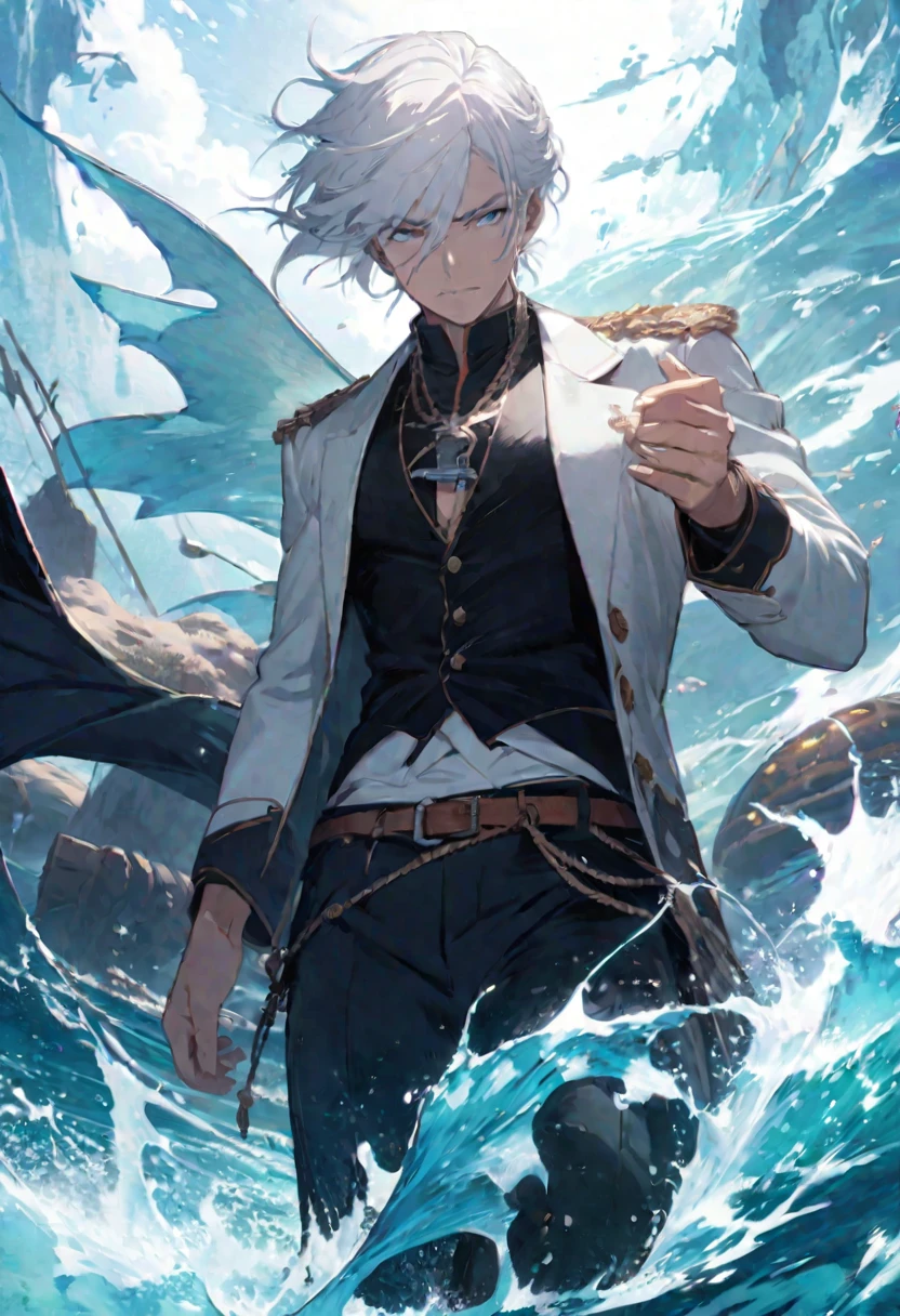 White-haired anime character with a robotic arm in the ocean,miyabi, detailed Key Anime Art, shigenori soejima illustration, Very detailed fan art, artstation pixivでトレンド, Key Anime Art, Wallpaper Anime Blue Water, Handsome men from Demon Slayer, Key Visual, Detailed digital anime art, Handsome anime pose, Detailed Anime Character Art, Above seawater