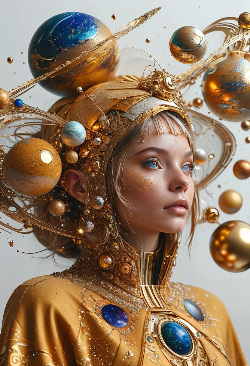 a highly detailed and intricate 3D portrait of a person, golden color, surrounded by many orbiting planets with complex planetary decorations, studio lighting, white background，Simple and clean，Light and Shadow，