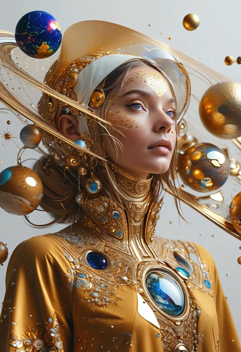 a highly detailed and intricate 3D portrait of a person, golden color, surrounded by many orbiting planets with complex planetary decorations, studio lighting, white background,Simple and clean,Light and Shadow,