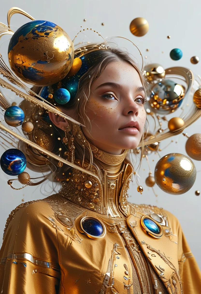 a highly detailed and intricate 3D portrait of a person, golden color, surrounded by many orbiting planets with complex planetary decorations, studio lighting, white background，Simple and clean，Light and Shadow，